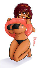 bikini blue_eyes body_bags eyepatch_bikini hackman huge_breasts innertube kneeling latina panda_delgado red_hair tight_fit voluptuous