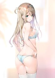 anthropomorphization ass ass_cleavage bangs bare_arms bare_shoulders blue_bra blue_eyes blue_panties blue_underwear blurry blurry_background bra breasts brown_hair butt_crack comic_market comic_market_95 cowboy_shot depth_of_field eyebrows_visible_through_hair female from_behind girls'_frontline gradient gradient_background hair_ornament hairband high_resolution long_hair looking_back medium_breasts miwabe_sakura one_side_up panties pion posterior_cleavage sakurairo6 scan shiny shiny_clothes shiny_hair shiny_skin sideboob sidelocks simple_background snowflake_hair_ornament solo standing suomi_(girls'_frontline) tagme thighhighs thighs underwear underwear_only very_high_resolution white_legwear