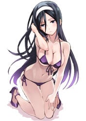 :< bare_shoulders bent_knees bikini black_hair blue_eyes blush breasts cleavage closed_mouth expressionless female front-tie_top frown full_body gradient_hair hair_between_eyes hairband halterneck hand_on_thigh headband high_heels hyouka irisu_fuyumi kneeling large_breasts long_hair looking_at_viewer matsuryuu micro_bikini midriff multicolored_hair navel no_socks purple_eyes purple_hair shoes side-tie_bikini simple_background solo strap_gap swimsuit tagme thigh_gap very_long_hair violet_eyes white_background