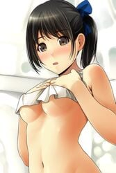 bangs black_hair blue_bow blush bottomless bow breast_hold breasts brown_eyes cleavage covering erect_nipples erect_nipples_under_clothes eyebrows_visible_through_hair female hair_ornament hairbow hands_up high_resolution looking_at_viewer matsunaga_kouyou medium_breasts navel nipples no_bra nose_blush original parted_lips ponytail sidelocks solo tagme tied_hair towel underboob upper_body very_high_resolution