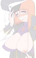 blue_eyes blush exhibitionism eyebrows_visible_through_hair female flashing forte_stollen galaxy_angel grin large_breasts military_hat one_breast_out peaked_cap red_hair solo sorashu sweatdrop tipping_hat