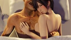 1boy 1girls 3d bed breast_press dead_or_alive dead_or_alive_xtreme_venus_vacation embrace hug nagisa_(doa) nigi2 old_man on_bed