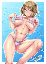 1girls big_breasts bikini blue_eyes breasts brown_hair eyepatch_bikini female nintendo nipple_bulge pokemon pokemon_xy serena_(pokemon) short_hair solo takecha