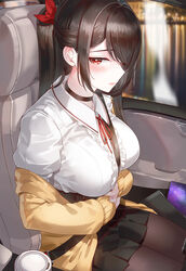 black_choker black_hair black_skirt blush braid breasts brown_legwear car car_interior center_frills choker closed_mouth collared_shirt cup disposable_cup female female frilled_shirt frills hair_ornament hair_ribbon high_resolution jacket kfr large_breasts legwear long_hair long_sleeves motor_vehicle neck_ribbon off_shoulder open_clothes open_jacket original pantyhose pink_lips pleated_skirt ponytail red_eyes red_neckwear red_ribbon ribbon seat shirt single_braid sitting skirt sleeves_past_wrists solo tagme tied_hair vehicle vehicle_interior yellow_jacket