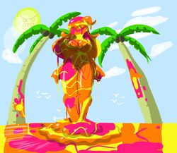 1girls 2020 angry_sun anthro breasts coconut covered_in_goo dated dripping female female_only goo goo_girl highres large_breasts long_hair looking_at_viewer mario_(series) mud nintendo palm_tree piranha_plant piranha_plant_girl proto_piranha s_elbeej seagull shadow signature solo standing sun super_mario_sunshine thick_thighs thighs tree