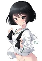 artist_name black_hair blush bottomless breasts closed_mouth collarbone covered_erect_nipples dated eyebrows_visible_through_hair female girls_und_panzer grey_eyes groin highres kuzuryuu_kennosuke looking_at_viewer navel no_panties ooarai_school_uniform school_uniform shiny shiny_hair shiny_skin short_hair simple_background small_breasts smile solo upper_body utsugi_yuuki white_background