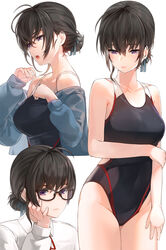 :o ahoge bangs bare_shoulders black-framed_eyewear black_hair black_ribbon black_swimsuit blue_jacket blush breasts clavicle closed_mouth collared_shirt competition_swimsuit covered_navel cowboy_shot expressionless eyebrows_visible_through_hair female female hair_bun hair_ornament hair_ribbon hand_on_own_cheek high_resolution jacket kfr long_sleeves looking_at_viewer looking_away looking_down medium_breasts megane multiple_views off_shoulder one-piece_swimsuit open_clothes open_jacket open_mouth original purple_eyes ribbon shirt simple_background skin_tight sleeves_past_wrists solo swimsuit tagme tank_suit tied_hair water white_background white_shirt