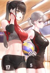 2girls athletic ball black_hair bra clothing elbow_pads female high_resolution kfr long_hair multiple_girls ponytail silver_hair sports_bra sportswear tagme underwear volleyball volleyball_ball volleyball_uniform