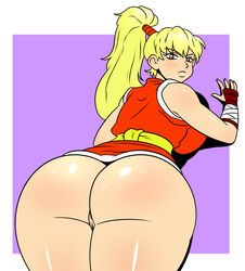 1girls alternate_breast_size ass big_breasts blonde_female blonde_hair blush breasts capcom female final_fight huge_breasts hyoumaru large_breasts looking_at_viewer lying maki_genryusai no_panties ponytail pussy sideboob wide_hips