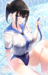 arm_support bangs black_hair blue_neckwear blue_sailor_collar blue_swimsuit blush breasts clavicle closed_mouth competition_school_swimsuit competition_swimsuit eyebrows_visible_through_hair eyes_visible_through_hair feet_out_of_frame female female groin hair_ornament hair_ribbon half-closed_eyes hand_up high_ponytail high_resolution highleg highleg_swimsuit hip_focus holding holding_hose hose in_profile kfr knee_up large_breasts light_smile long_hair looking_at_viewer medium_hair naughty_face necktie oerba_yun_fang one-piece_swimsuit original ponytail purple_eyes ribbon sailor_collar sailor_shirt school_uniform see-through serafuku shirt short_ponytail short_sleeves sidelocks sideways_glance sitting smile solo straight_hair sukumizu swimsuit swimsuit_under_clothes tagme tank_suit thighs tied_hair uniform water wet wet_clothes wet_shirt white_ribbon white_shirt