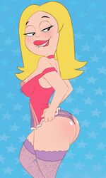 1girls american_dad areolae ass big_ass biting_lip black_eyes blonde_hair blush dat_ass datguyphil female female_only francine_smith half-closed_eyes lingerie lipstick long_hair looking_back milf nipple_slip nipples off_shoulder panties seductive_look smile solo stockings thick_thighs