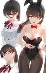 1girls :o animal_ears bare_arms bare_shoulders black-framed_eyewear black_hair black_legwear black_leotard blush bow breasts cleavage collarbone collared_shirt commentary_request fake_animal_ears glasses hair_bow hair_ornament hair_over_shoulder highres kfr large_breasts leotard long_hair long_sleeves looking_at_viewer mole mole_under_eye multiple_views neck_ribbon open_mouth orange_eyes original pantyhose playboy_bunny rabbit_ears red_bow red_neckwear red_ribbon ribbon shirt simple_background strapless strapless_leotard teeth thigh_gap upper_teeth white_background white_shirt wing_collar wrist_cuffs x_hair_ornament