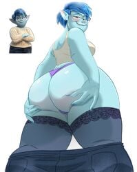 1girls ass ass_squeeze ass_squish back_view big_ass biting_lip blue_hair blue_skin blush datguyphil disney earrings female female_only glasses half-closed_eyes hands_on_ass laurel_lightfoot looking_at_viewer looking_down onward_(2020) orange_eyes panties pants_down pixar plain_background pointy_ears short_hair smile solo stockings tank_top thick thick_thighs thong viewed_from_below white_background