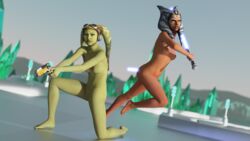 2girls 3d action_pose ahsoka_tano alexbridger blue_eyes breasts female female_only fit_female green_eyes green_skin gun hera_syndulla holding_weapon jedi kneeling lightsaber medium_breasts multiple_girls naked nipples nude nude_female open_mouth orange_skin pose spread_legs star_wars star_wars_rebels togruta twi'lek