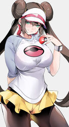 1girls absurdres bangs blush bow breasts brown_hair creatures_(company) double_bun female fully_clothed game_freak green_eyes highres holding holding_pokeball large_breasts long_brown_hair long_hair long_sleeves long_twintails looking_at_viewer marushin_(denwa0214) nintendo pantyhose pink_bow pokeball pokemon pokemon_bw2 raglan_sleeves rosa_(pokemon) short_shorts shorts skirt smile solo thighs twin_buns twintails very_long_hair visor_cap yellow_skirt