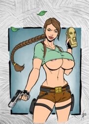 1girls areola_slip athletic belt belt_buckle big_breasts braid braided_hair breasts busty krimreaper lara_croft lara_croft_(classic) navel overflowing_breasts pistol recolor sam7 short_shorts thigh_holster tomb_raider underboob