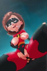 1girls alternate_version_available areolae armwear between_labia bodysuit breasts breasts_out brown_eyes brown_hair buttplug clothing cum cum_on_breasts cum_on_face cum_on_hair cum_on_pussy datguyphil disney domino_mask elastigirl eyes_rolling_back eyewear female female_only footwear handwear helen_parr innie_pussy legwear lipstick looking_pleasured mask messy_hair nipples pixar pleasure_face pussy ripped_clothing self_fondle skin_tight smile smooth_skin solo spread_legs superheroine the_incredibles thick_thighs torn_bodysuit torn_clothes