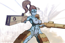 1girls alien alien_girl big_breasts blue_skin female female_focus female_only fire_warrior kotjaro_(artist) nude red_hair solo solo_female tau warhammer_(franchise) warhammer_40k weapon