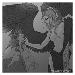 barely_clothed classyfruit looking_at_another monochrome mother_miranda_(resident_evil) original_character resident_evil resident_evil_8:_village size_difference wings yuri