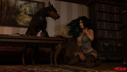 1animal 1boy 1girls 3d animal animal_genitalia areolae big_breasts bioshock bioshock_infinite black_fur bob_cut breasts canine canine_penis choker collar domestic_dog driigon elizabeth_comstock erection eye_contact female human interspecies large_breasts male nipples office pale-skinned_female sex short_hair skirt stockings zoophilia