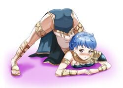 1girls absurdres alternate_costume armlet ass ass_up bangs bare_shoulders bending_down blue_hair blush bracelet braid breast_press breasts brown_eyes cleavage crown_braid dancer dancer_(three_houses) earrings face_down_ass_up fire_emblem fire_emblem:_three_houses fire_emblem_heroes highres jack-o_pose jewelry large_breasts long_hair looking_at_viewer marianne_(serene_adherent)_(fire_emblem) marianne_von_edmund meme midriff navel necklace nintendo official_alternate_costume open_mouth pose short_hair simple_background solo spread_legs stretching zipperqr