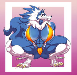 2018 4_toes 5_fingers abs anthro blue_fur blue_hair blue_nose blue_skin body_hair canine capcom chest_hair crossgender crouching darkstalkers digitigrade edit eyebrows female female_only fur gallon genderswap genderswap_(mtf) gloves_(marking) grin hair huge_breasts hungothenomster inviting jon_talbain large_breasts looking_aside mammal mane markings multicolored_fur multicolored_hair multicolored_skin muscular muscular_female nipples pink_background redraw rule_63 sharp_teeth simple_background sling_bikini smile socks_(marking) solo swimsuit teasing teeth third-party_edit thong tight_underwear toes topless two_tone_fur two_tone_hair two_tone_skin vampire_savior video_games were werewolf white_fur white_hair white_skin yellow_eyes