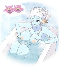 1girls bath bathing big_breasts blue_eyes blue_skin breasts dragon_quest haruozi huge_breasts large_breasts mole mole_under_mouth nipples nude nude_female original_character solo solo_female tagme water white_hair