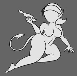 alien alien_girl bandana big_breasts breasts curvaceous curvy curvy_figure female female_focus female_only gun humanoid long_hair lying markazian_(ratchet_and_clank) midriff nude omegasunburst pinup pointy_ears pose ratchet_and_clank silhouette simple_background sitting talwyn_apogee_(ratchet_and_clank) tasteful tasteful_nudity thick_thighs thighs weapon