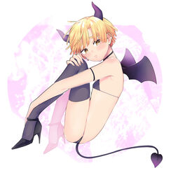 alternate_costume androgynous bikini blonde_hair blush crossdressing demon_boy demon_horns demon_slayer demon_tail demon_wings femboy high_heels horns incubus ishidori kimetsu_no_yaiba male male_only solo tail thighhighs twink wings yellow_eyes zenitsu_agatsuma