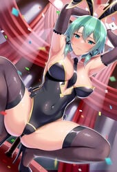 blush bunny_ears bunnysuit cameltoe cleavage eyes green green_hair heels high_heels kawase_seiki large_breasts leotard long_gloves navel pole pole_dancing sinon skindentation spread_legs stripper_pole sword_art_online tie tight_clothing