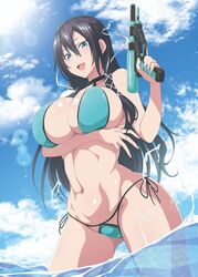 1girls arm_support arm_under_breasts bikini black_hair breasts choker clothing collar female gelatin_(alkaloid_no_baketsu) happy high_resolution in_water kakao_(chocolate_land) large_breasts looking_at_viewer muscle muscular_female navel open_mouth original shiny shiny_skin side-tie_bikini solo spread_legs swimsuit thick_thighs thighs very_high_resolution water water_gun wet