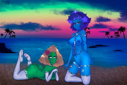 avianaress beach blue_body blue_hair blue_skin body_jewelry green_body green_skin jewelry lapidot lapis_lazuli_(gem) lapis_lazuli_(steven_universe) peridot_(steven_universe) petite steven_universe sunset