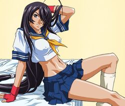 1girls arm_behind_head arm_up bed big_breasts black_hair blue_skirt breasts confident erect_nipples fingerless_gloves grey_eyes hair_over_one_eye ikkitousen kan'u_unchou kanu_unchou kneehighs large_breasts long_hair looking_at_viewer loose_socks midriff navel pose red_gloves school_uniform schoolgirl sensual sitting smile socks white_socks yabusame