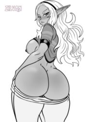 1girls ass big_ass big_breasts breasts curvy dark-skinned_female dark_elf dark_skin dat_ass elf elf-san_wa_yaserarenai female huge_ass humanoid kuroeda large_ass long_hair looking_at_viewer mooning nipples no_bra pants_down pants_pull pointy_ears sideboob solo thick_thighs white_hair wide_hips zilvan