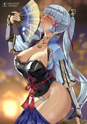 1girls blue_eyes blue_hair blue_nails blush breastplate breasts club3 fan female genshin_impact kamisato_ayaka large_breasts nail_polish nanaya_(daaijianglin) nipples panties ponytail smile underwear undressing