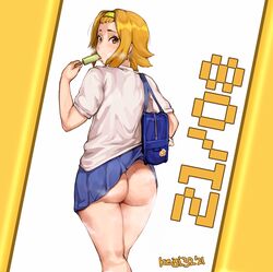 1girls bag big_butt butt female female_only human k-on! keigi_(artist) looking_back popsicle ritsu_tainaka_(k-on!) school_uniform skirt skirt_caught_on_object skirt_lift solo sweat sweatdrop sweaty thick_thighs thighs