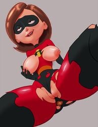 1girls alternate_version_available areolae between_labia bodysuit breasts breasts_out brown_eyes brown_hair buttplug datguyphil disney domino_mask elastigirl eyes_rolling_back female female_only gray_background helen_parr innie_pussy lipstick looking_pleasured messy_hair nipples pixar pleasure_face pussy self_fondle skin_tight smile smooth_skin solo spread_legs superheroine the_incredibles thick_thighs torn_bodysuit torn_clothes wip work_in_progress