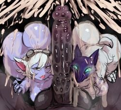 2girls anthro big_ass cum cum_on_body cumshot cumsplosion dark-skinned_male dark_skin excessive_cum hary96 huge_cock interracial interspecies kindred lamb_(league_of_legends) league_of_legends minotaur multiple_girls pov shortstack smaller_female tristana yordle