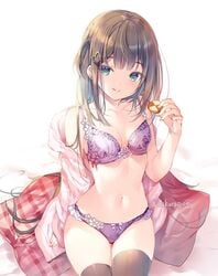 :q aqua_eyes bare_arms bare_shoulders black_legwear bra breasts brown_hair clavicle cleavage closed_mouth cookie female food hair hair_ornament hand_up heart holding holding_food holding_object jacket lingerie long_hair long_sleeves looking_at_viewer medium_breasts miwabe_sakura navel original pantsu pink_jacket plaid purple_bra purple_panties purple_underwear sidelocks simple_background sitting smile solo stomach tagme thighhighs thighs tongue tongue_out twitter_username underwear very_long_hair white_background