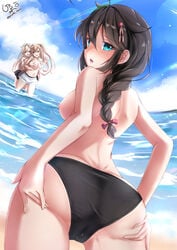 3girls ass ass_grab ass_support bikini breast_grab cameltoe giraffe_(ilconte) heterochromia kantai_collection multiple_girls murasame_(kantai_collection) nipples pussy_juice pussy_juice_stain shigure_(kantai_collection) swimsuits tagme topless wet yuri yuudachi_(kantai_collection)