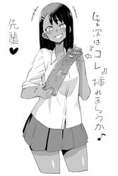 1girls black_hair blush chimosaku clothed clothing dildo earrings female female_focus female_only fully_clothed grin hairclip hayase_nagatoro hi_res horse_dildo japanese_text long_hair monochrome penis please_don't_bully_me,_nagatoro revealing_clothes simple_background skirt smile solo text translation_request veiny_penis white_background