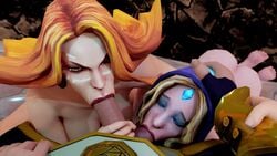 1boy 2girls 3d animated collaborative_fellatio crystal_maiden dota_2 fellatio ffm_threesome invoker light-skinned_female light-skinned_male lina looking_at_viewer male_pov no_sound pov thlayli video