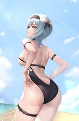 1girls ass back beach blue_hair breasts eula_(genshin_impact) female female_only genshin_impact hi_res kie_(wylee2212) looking_at_viewer short_hair sideboob standing swimsuit tagme tattoo thick_ass thick_thighs