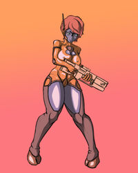 1girls alien blue_eyes blue_skin breasts female female_focus female_only fire_warrior kotjaro_(artist) red_hair solo solo_female tau warhammer_(franchise) warhammer_40k weapon