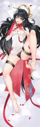 1girls artist_request bare_legs black_hair blush chinese_clothes feet female foot_fetish hair_ornament headgear long_hair painted_nails petals punishing:_gray_raven qu_(punishing:_gray_raven) red_eyes red_nails robot_girl soles solo toes tongue_out