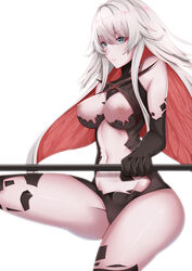 1girls blue_eyes breasts breasts_out claws expressionless female humanoid_female_(punishing:_gray_raven) large_breasts long_hair punishing:_gray_raven red_hair robot_girl simple_background solo thighs trnr weapon white_hair