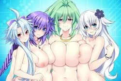 4girls ahoge big_breasts black_heart blanc blue_eyes braid breasts cpu_(neptunia) eyebrows_visible_through_hair female female_only flat_chest flat_chested flower goddess green_hair green_heart hair_flower hair_ornament happy huge_breasts jewelry large_breasts light_blue_hair lindaroze long_hair looking_at_viewer medium_breasts multiple_girls naked navel necklace neptune_(neptunia) neptunia_(series) nipples noire nude nude_female power_symbol-shaped_pupils purple_eyes purple_hair purple_heart_(neptunia) red_eyes small_breast small_breasts smile twin_braids vert very_long_hair white_hair white_heart yuri