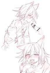 1boy after_oral blowjob blush cat_ears catboy censor_bar censored_penis clothed clothing danganronpa danganronpa_v3 drooling ewa_(seraphhuiyu) fellatio femboy gay line_art male male_focus male_only monochrome neko oral oral_sex ouma_kokichi penis ripped_clothing saliva saliva_drip saliva_on_penis saliva_on_tongue saliva_string saliva_trail side_view solo solo_focus straight_hair tongue_out white_background yaoi