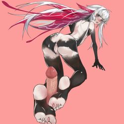 1boy 1girls anus ass blue_eyes breasts feet female foot_fetish footjob humanoid_female_(punishing:_gray_raven) long_hair male nude penis punishing:_gray_raven pussy red_hair robot_girl small_breasts soles solo toes white_hair