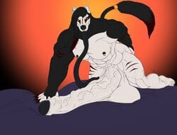 anthro ass balls big_balls big_penis black_hair black_markings black_tip butt_grab canid canine canis claws digital_media_(artwork) fenrir_osbone fenrir_osbone_(character) foreskin fur genitals hair hand_on_butt hi_res huge_balls huge_cock humanoid_genitalia humanoid_penis hyper hyper_balls hyper_genitalia hyper_penis licking long_hair long_penis long_tongue looking_at_viewer male mammal markings multicolored_eyes multicolored_hair muscular muscular_anthro muscular_male nipples nude penis piercing red_markings self_lick simple_background smile solo tail_wraps tongue tongue_out two_tone_eyes two_tone_hair uncut vein veiny_penis white_body white_fur wolf wraps